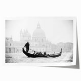 Venetian gondola on a serene canal, printed on large rolled canvas, featuring soft gray and blue tones.