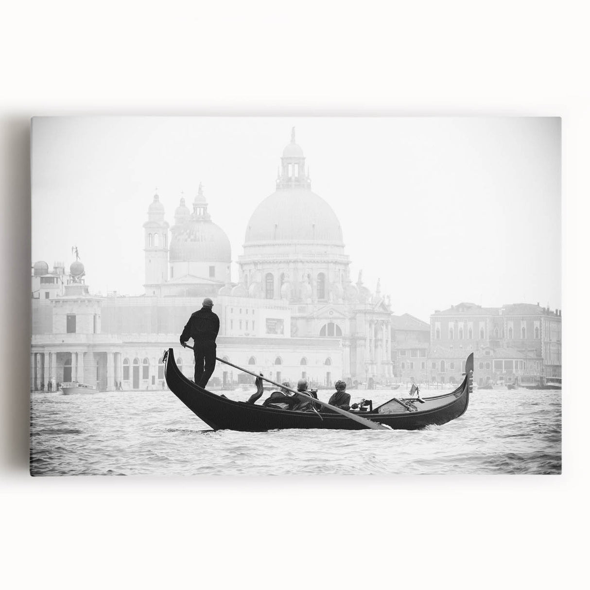Black and white canvas print of a gondola on calm waters, ideal for kitchen wall art.