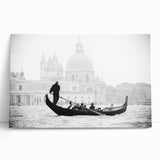 Black and white photograph of a gondola on water, printed on large stretched canvas, ideal for kitchen wall art or bedroom.