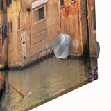 Mid-century modernist acrylic print of abstract gondolas in muted earth tones, ideal for dining room art.