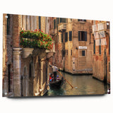 Acrylic print of a Venetian gondola in muted earth tones, ideal for dining room decor.