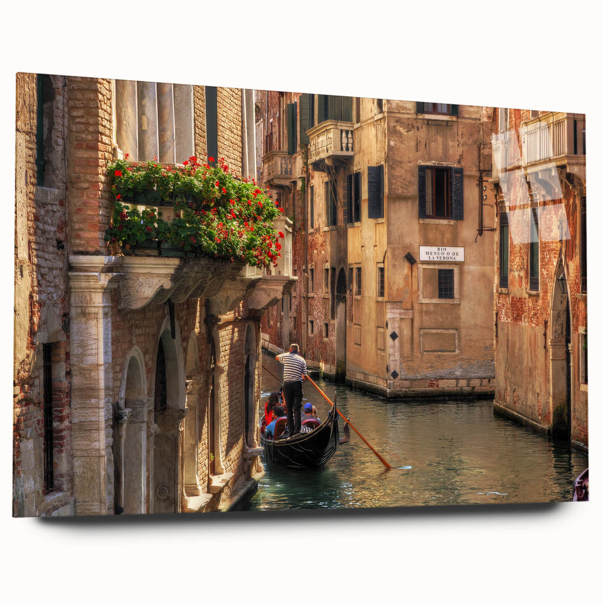 Acrylic print of a gondola on a serene waterway, using muted blue and gray tones, suitable for bedroom or dining room art.