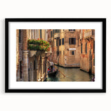 Colorful abstract art print of a stylized gondola on a textured canvas, framed in black, ideal for living room decor.