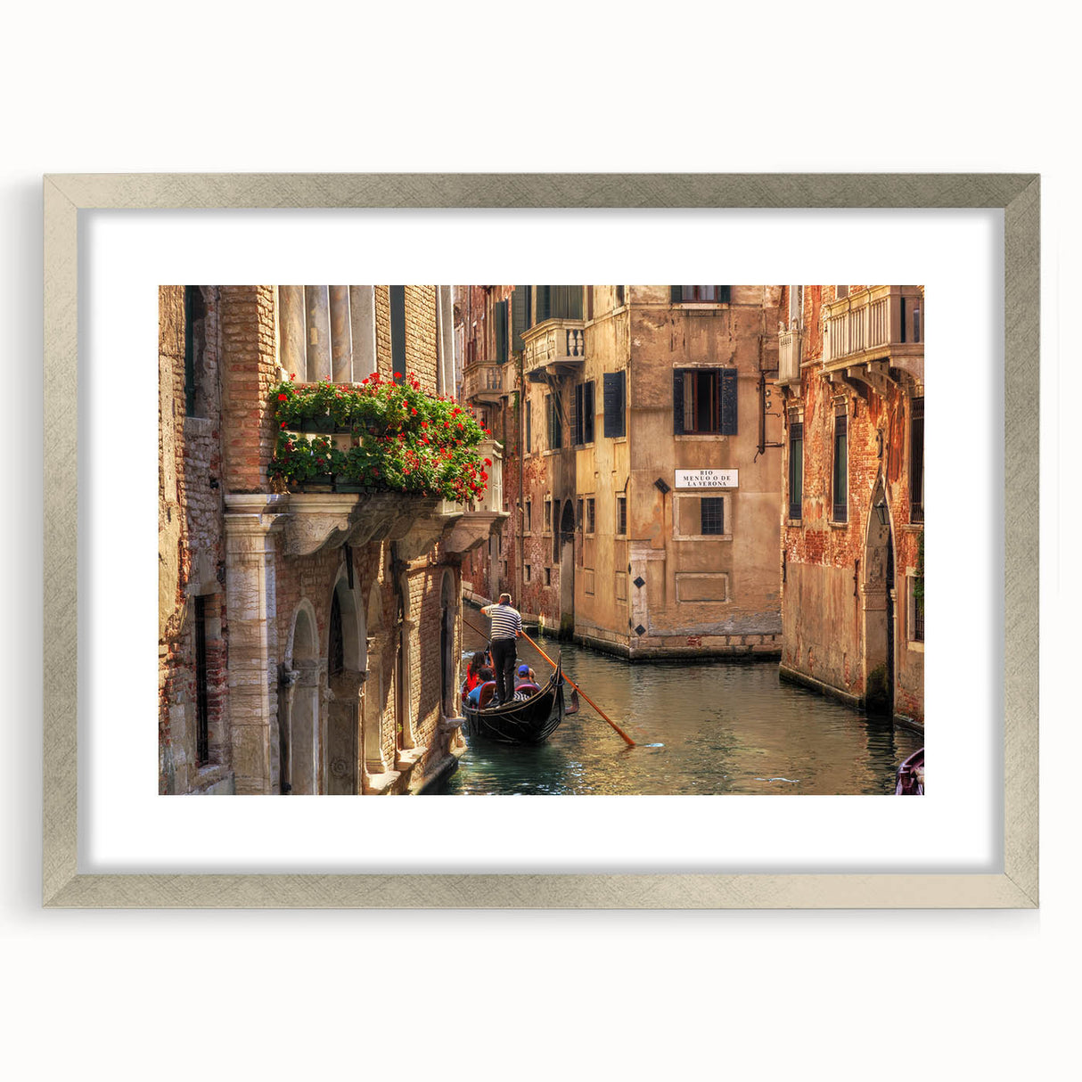Abstract art print of a stylized gondola in silver and black hues on a framed canvas, ideal for dining room decor.
