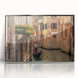 Art deco poster of a gondola on water, rendered in muted blues and grays on framed acrylic.