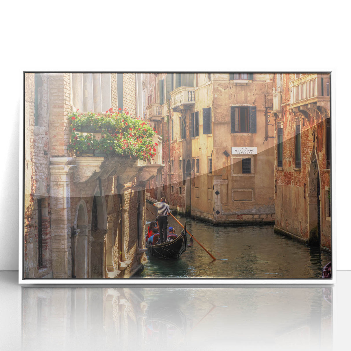 Framed acrylic print of a mid-century modernist gondola on a muted blue and gray backdrop, ideal for modern art wall decor.
