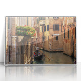 Framed acrylic print of a mid-century modernist gondola on a muted blue and gray backdrop, ideal for modern art wall decor.