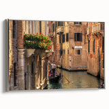 Vintage poster art of a colorful gondola on black background, framed canvas, ideal for living room decor.