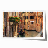 Venetian gondola on serene water, depicted in soft blues and grays on rolled print, ideal for art wall dining room.