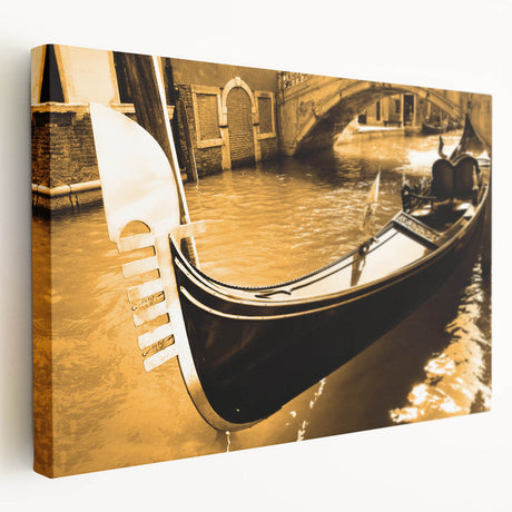 Venetian gondola on calm water, rendered in soft blue and gray tones on a large stretched canvas.