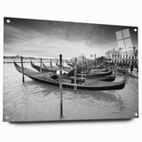 Acrylic print of a gondola on water in muted blue and gray tones, suitable for dining room decor.
