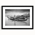 Extra large abstract art print of a textured gondola on water, in muted blue and gray tones, framed in black.
