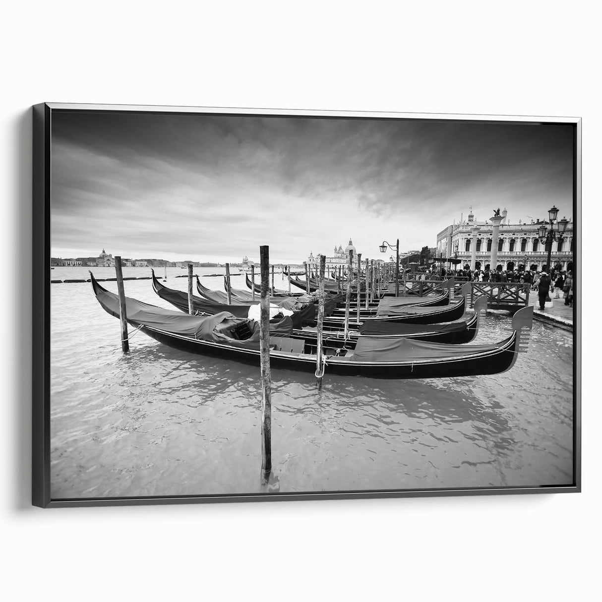 Black and white framed canvas featuring a vintage gondola landscape, ideal for bedroom wall art.