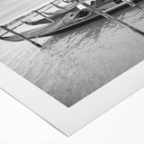 Art deco poster of a gondola on a calm waterway, rendered in muted blues and grays on rolled canvas.