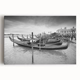 Black and white image of a gondola on water, printed on large stretched canvas, suitable for kitchen wall art.
