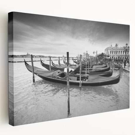 Venetian gondola on calm waters, rendered in muted earth tones on a stretched canvas, suitable for kitchen wall art.