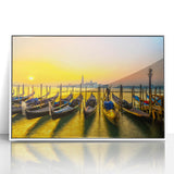 Mid-century modernist style gondola on a serene lake, in muted blues and greens, framed acrylic.