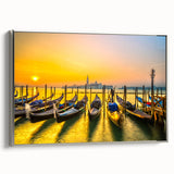 Vintage poster art of a colorful gondola on a black background, framed in silver canvas.