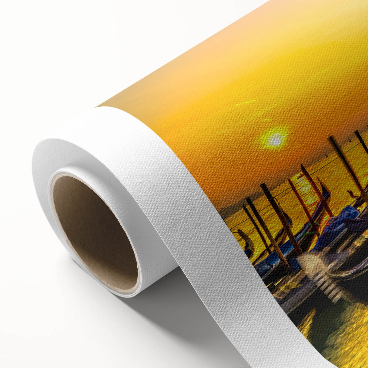 Art deco style poster of a gondola on water, using muted blue and gray tones, on rolled canvas, ideal for nursery wall art.
