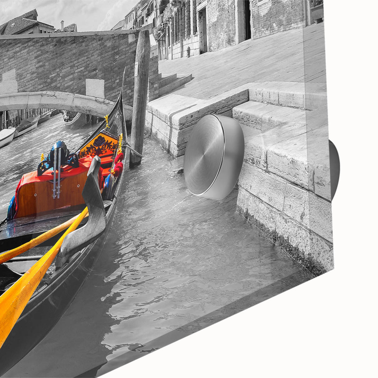 Large abstract depiction of a gondola on water in muted earth tones on acrylic glass, ideal for dining room art.