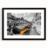Extra large abstract art print of a colorful, textured gondola on a black framed canvas, ideal for living room decor.