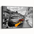 Black and white framed canvas of a vintage gondola landscape, ideal for bedroom wall art.
