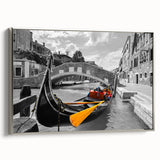 Vintage poster art of a gondola on water, rendered in vibrant colors on a black background, framed in silver.