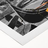 Art deco poster of a gondola on water in muted blue and gray tones on rolled canvas.