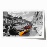 Venetian gondola on a calm canal, muted earth tones on rolled canvas, ideal for dining room wall art.