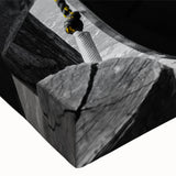 Black and white landscape art painting of a gondola on water, printed on large stretched canvas.