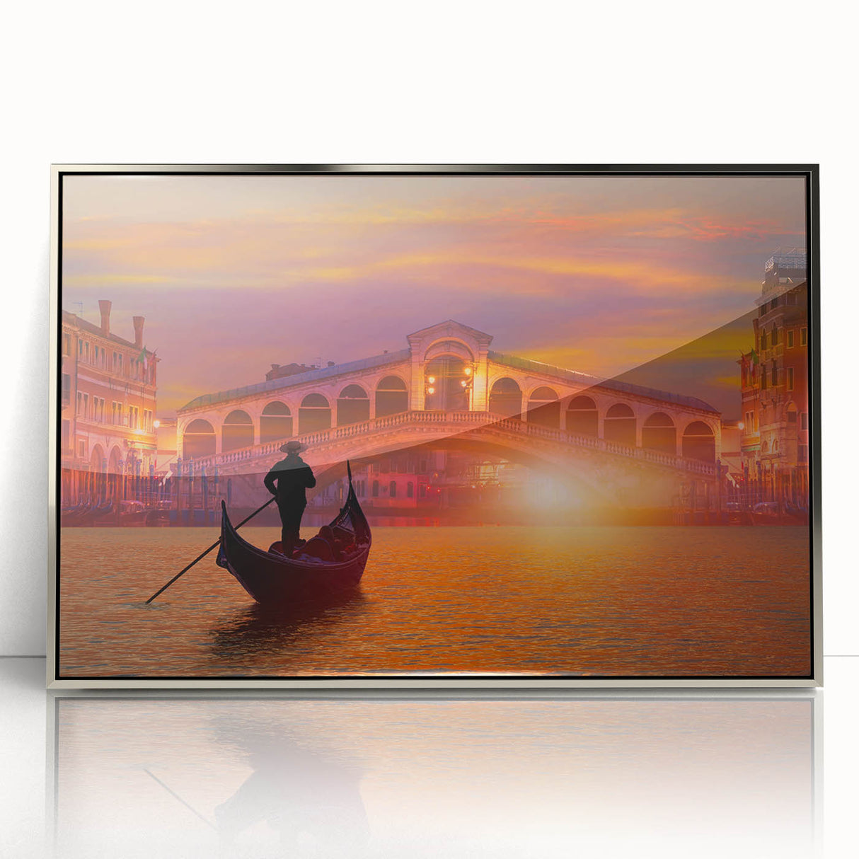 Art deco style poster of a silver framed acrylic print featuring a gondola on water, ideal for modern art wall decor.