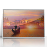 Framed acrylic print of a gondola on a canal in muted earth tones, ideal for modern art wall decor.