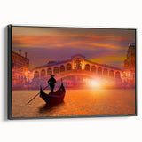 Black and white framed canvas featuring a vintage-style gondola on a calm river, suitable for bedroom wall art.