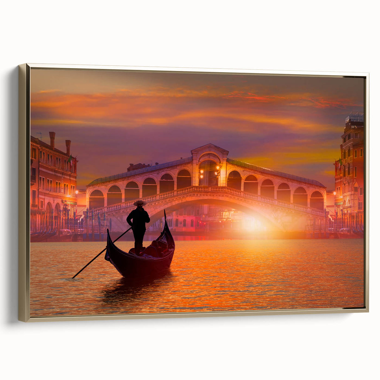 Framed canvas featuring a side view of a gondola on water, rendered in black with colorful accents.
