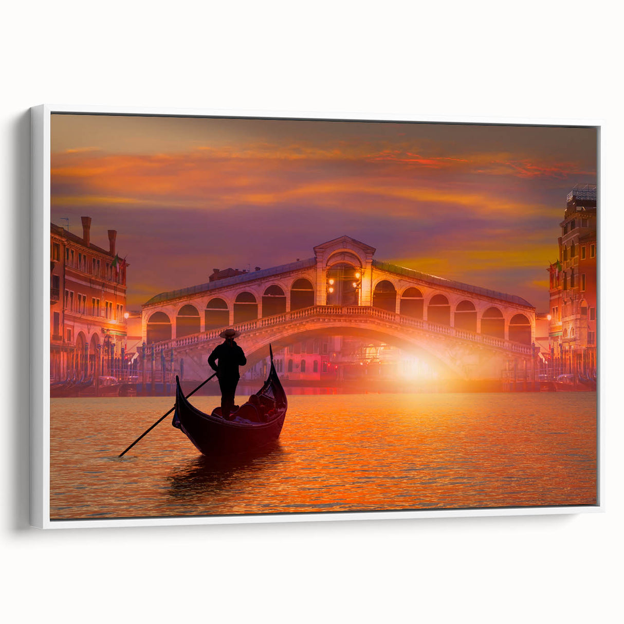 Framed canvas featuring a vintage-style gondola on a calm river, set against a black and white cityscape.