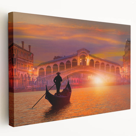Venetian gondola on calm water, rendered in muted blues and grays on stretched canvas, suitable for kitchen wall art.
