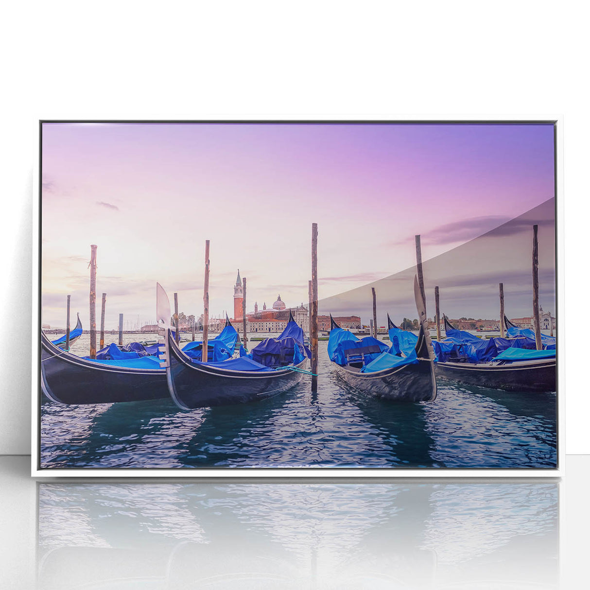 Acrylic print of a mid-century modernist gondola on a canal, framed in white, suitable for modern art wall decor.