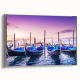 Framed vintage poster art of a gondola on water, using a black and colorful palette, ideal for living room decor.