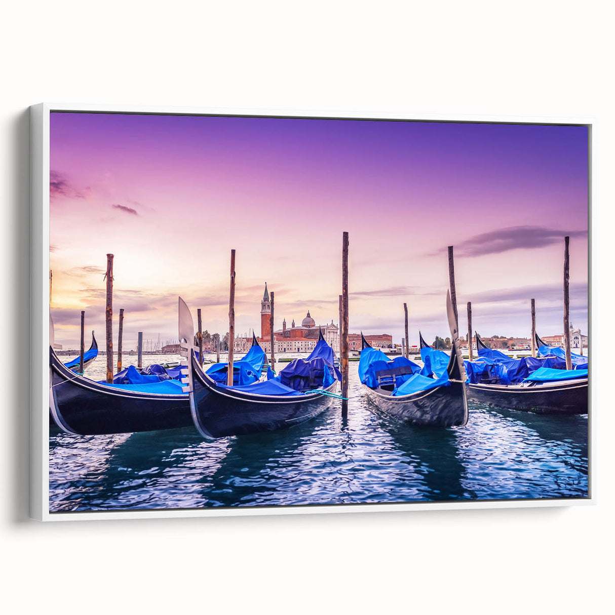 Framed canvas featuring a vintage-style gondola on a muted black and gray landscape, ideal for bedroom wall art.