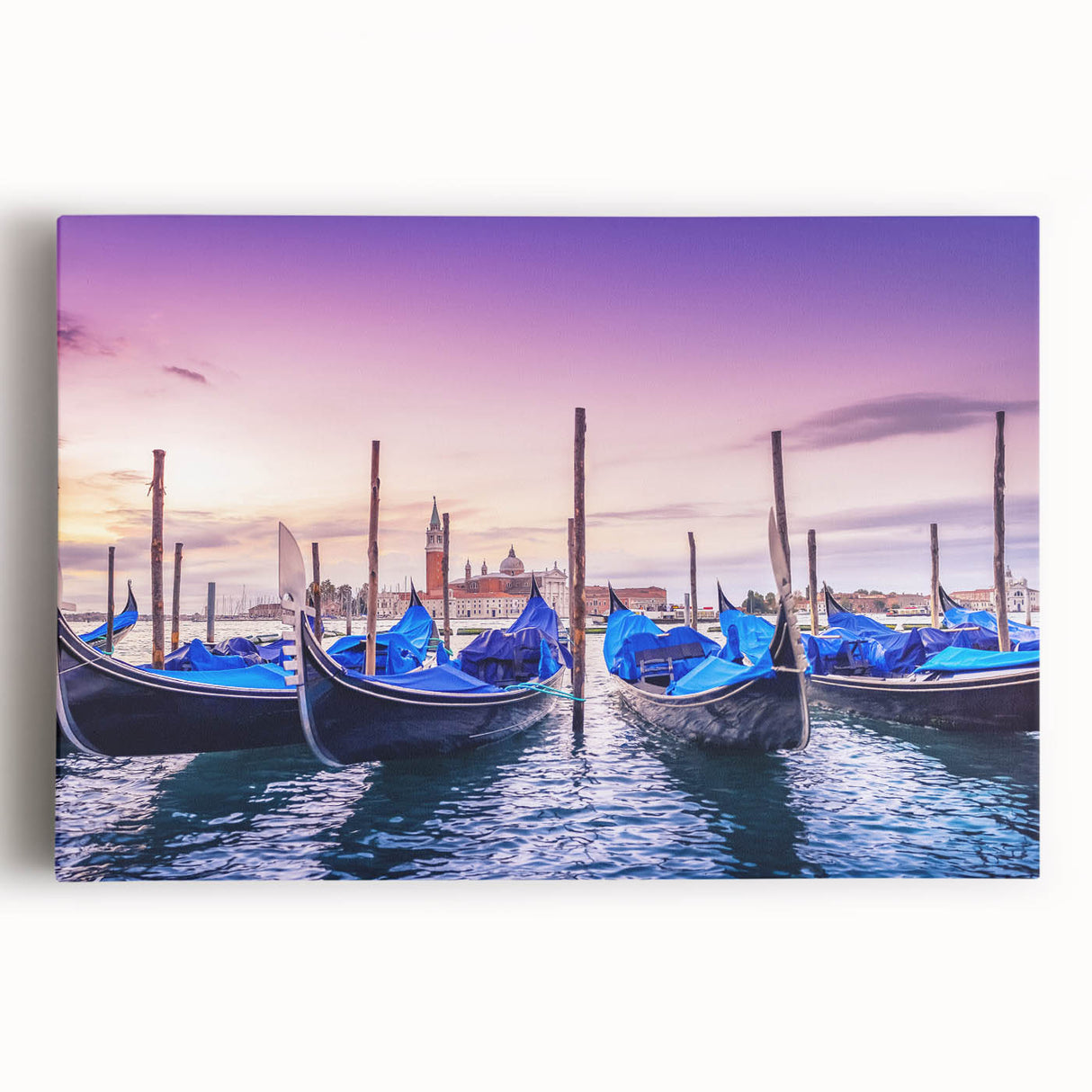 Black and white photograph of a gondola on water, printed on large stretched canvas, ideal for kitchen wall art.