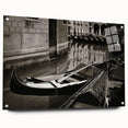 Acrylic print of a gondola on calm waters in muted blue and gray tones, suitable for dining room decor.