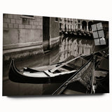 Acrylic print of a gondola on a calm river in muted blue and gray tones, ideal for bedroom or dining room art.