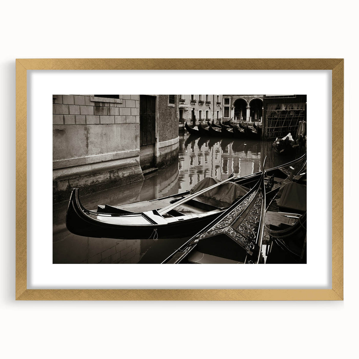 Textured art print of an abstract gondola in muted gold and brown tones on a framed canvas, suitable for bedroom decor.