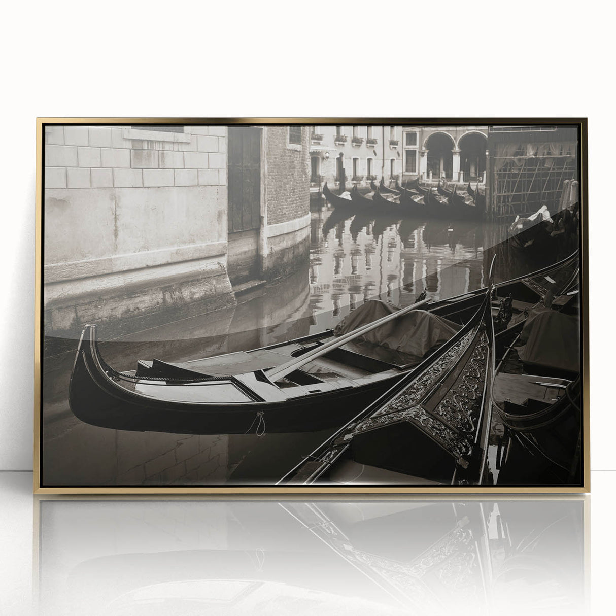 Mid-century modernist art deco poster of a gondola, in muted gold and black, acrylic framed, suitable for nursery wall art.
