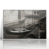 Acrylic print of a mid-century modernist gondola on a canal, in muted blue and gray tones, ideal for modern art wall decor.