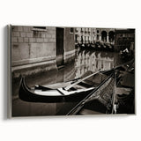 Vintage poster art of a colorful gondola on a black background, framed canvas, ideal for living room decor.