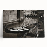 Black and white photo of a gondola on water, printed on large stretched canvas, ideal for kitchen wall art or bedroom decor.