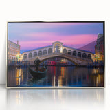 Art deco style poster of a silver-framed acrylic print featuring a gondola on water, ideal for modern art wall decor.