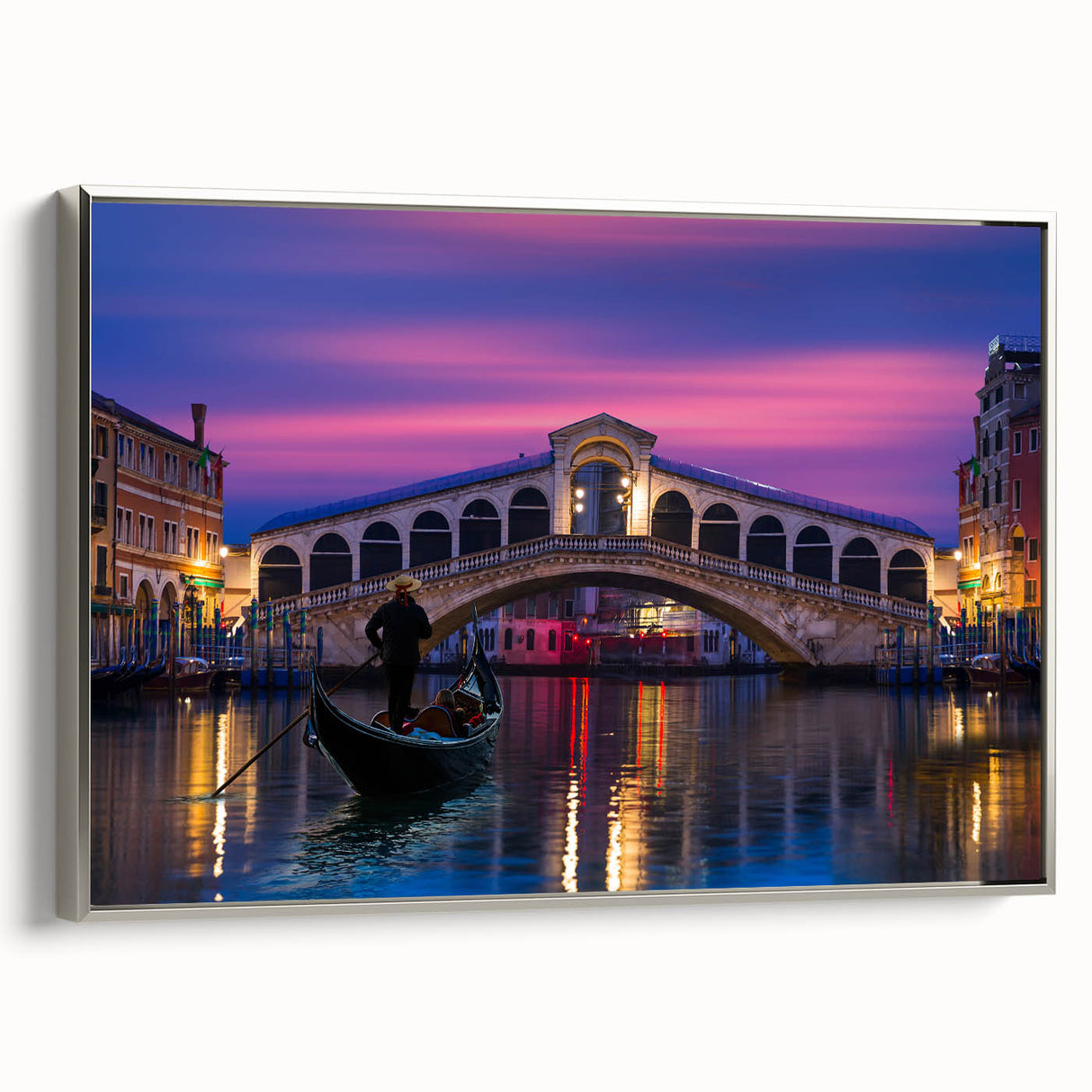 Vintage poster art of a gondola in muted black and colorful hues on a framed canvas, ideal for living room decor.