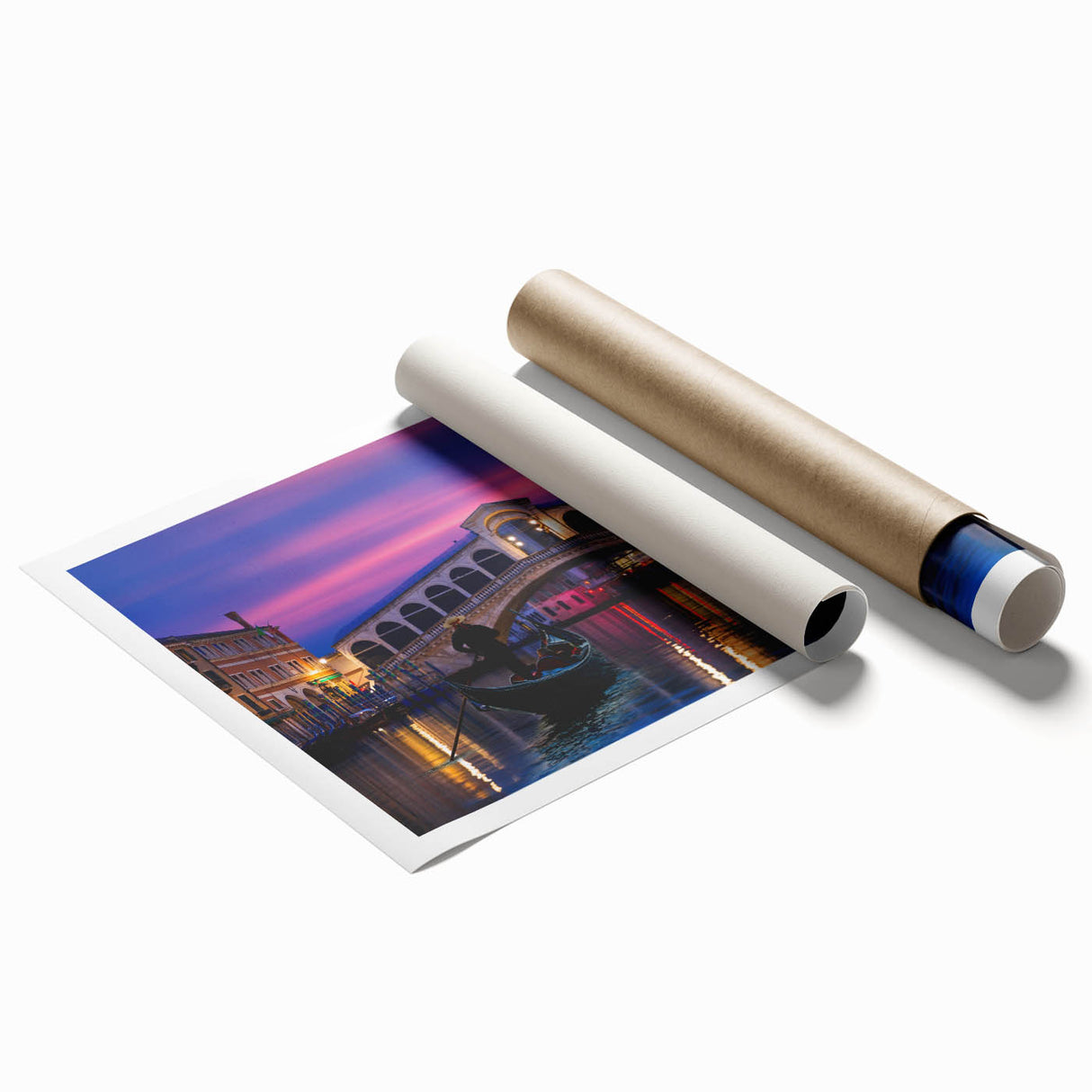 Extra large rolled print of a gondola on a canal, rendered in muted blues and grays, ideal for classy bathroom wall art.